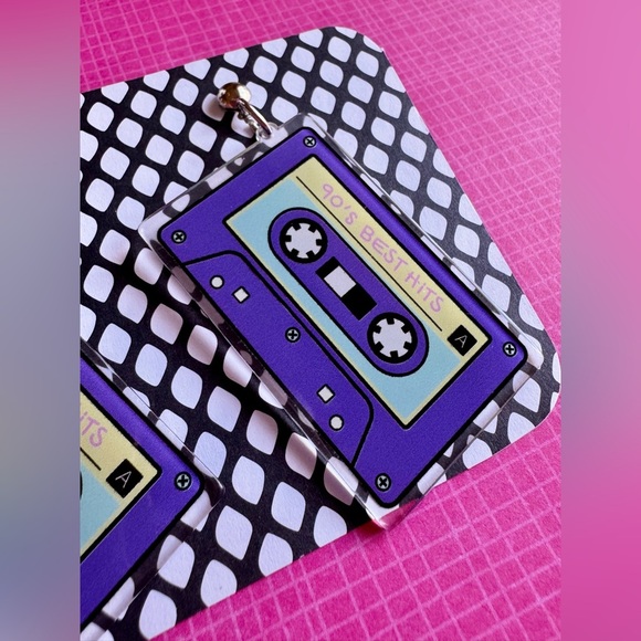 New Retro 90’s Style Purple Acrylic Cassette Music Mix Tape Dangle Earrings - Picture 4 of 5